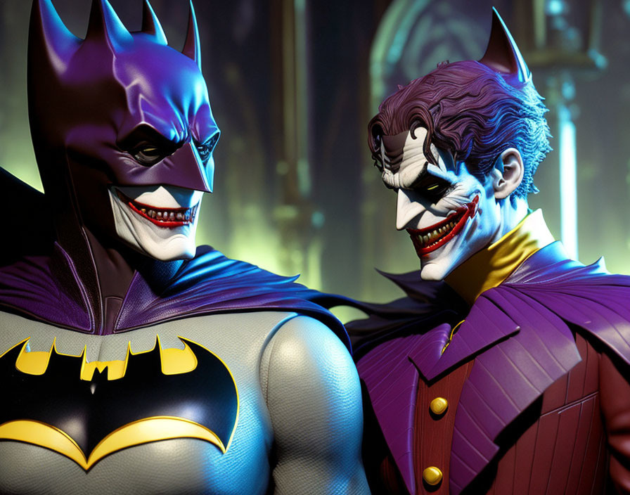 Detailed Batman and Joker figures face off with exaggerated smiles under dramatic lighting