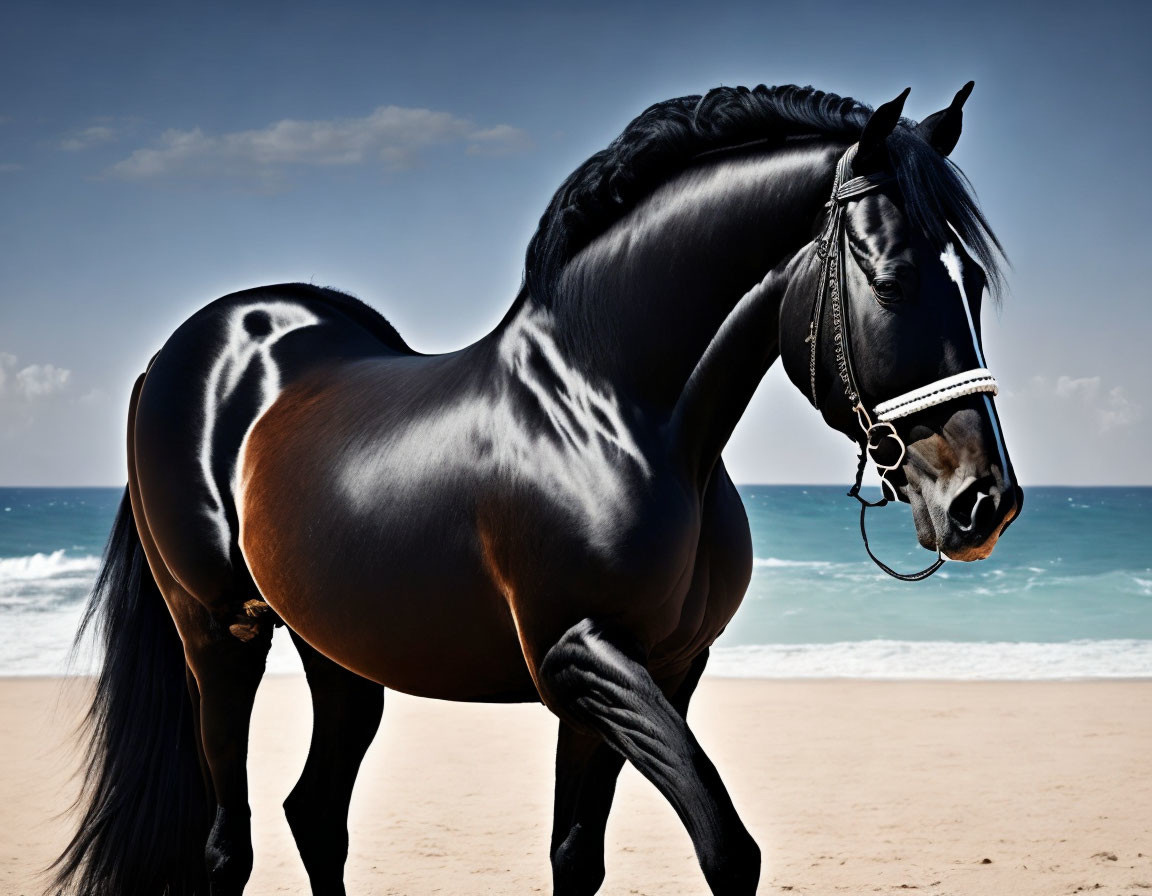 Majestic black horse on sandy beach with ocean backdrop