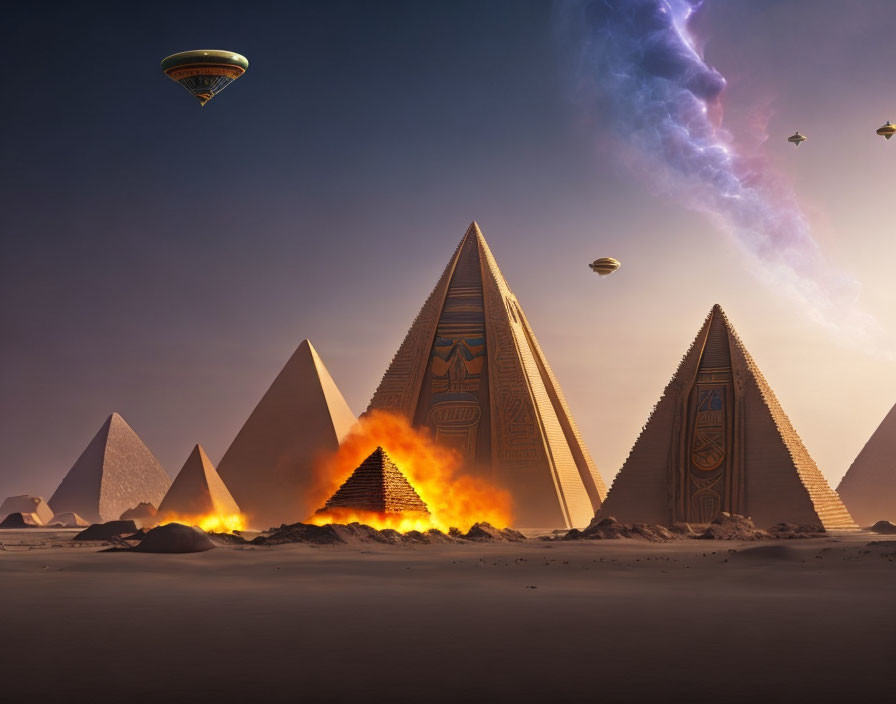 Desert landscape with pyramids and cosmic event at twilight