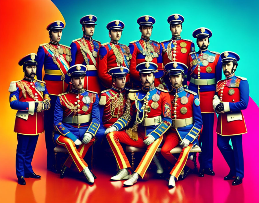 Vibrant gradient background with individuals in colorful military uniforms