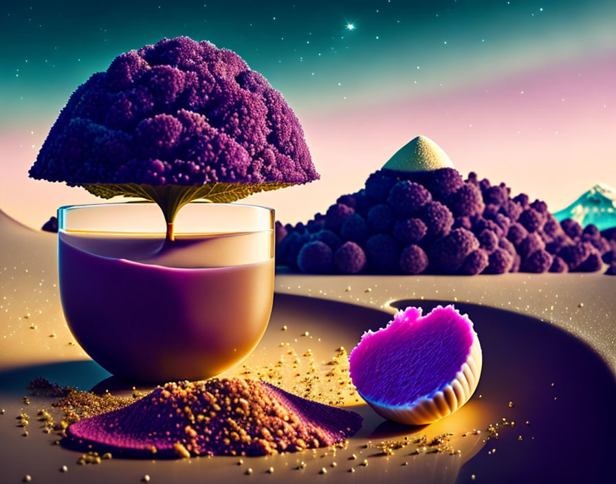 Colorful Surreal Landscape with Purple Broccoli Trees and Cup-Shaped Plant Pot