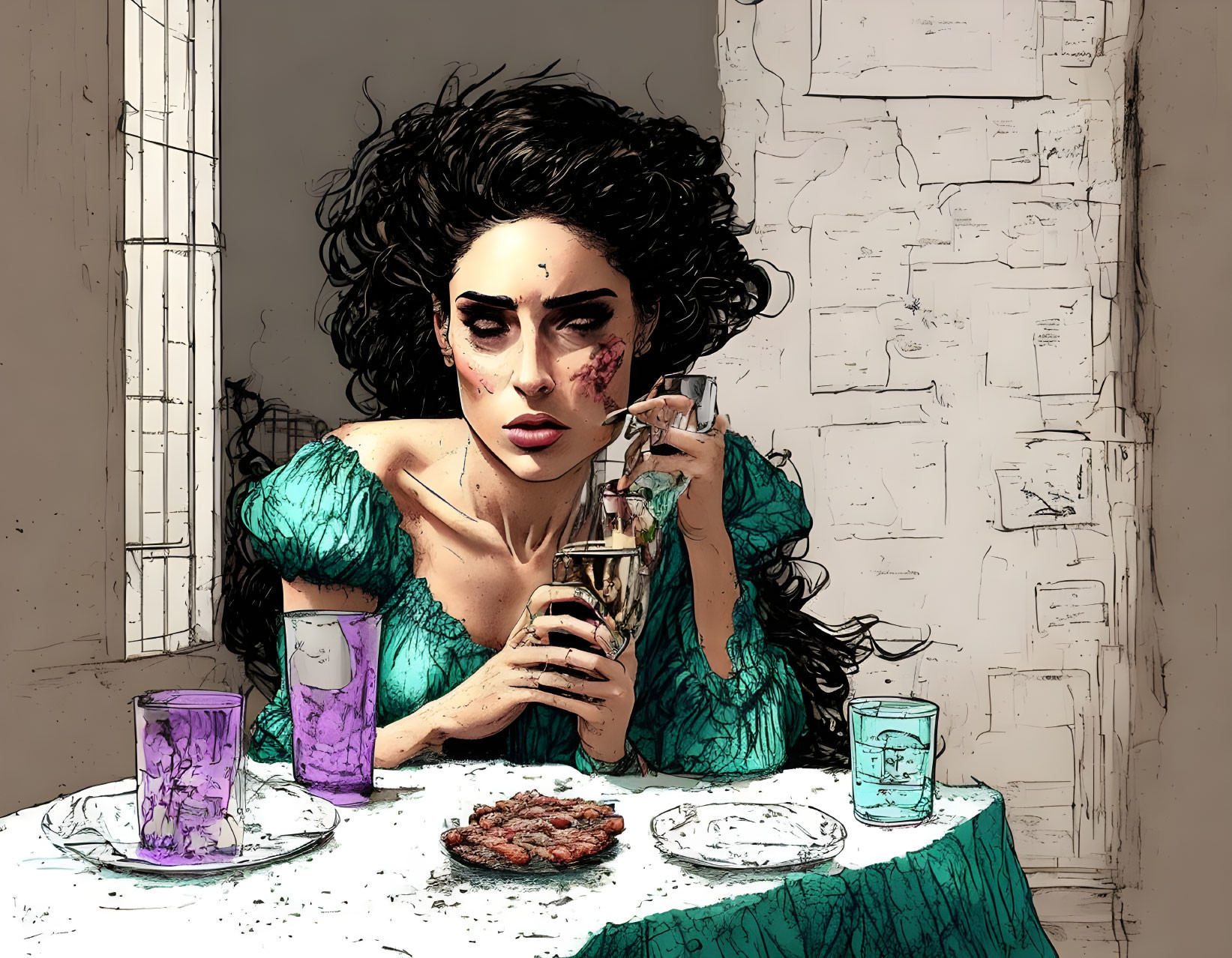 Illustration of woman with dark hair sitting at table with drink and cookies.