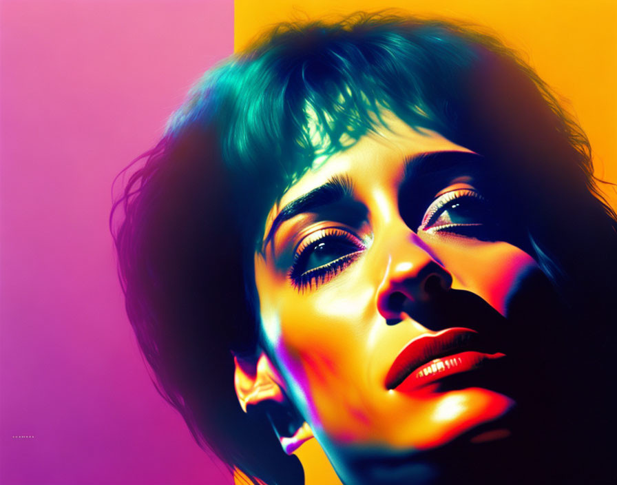 Vibrant neon-lit portrait of a woman with sharp contrasts on purple and yellow backdrop