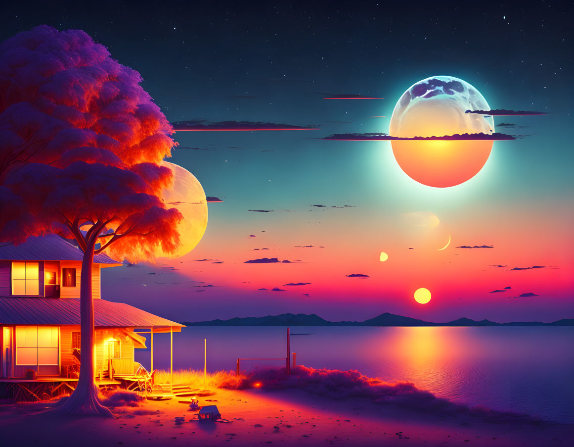 Surreal digital artwork of beachside house at sunset with large moon and sun