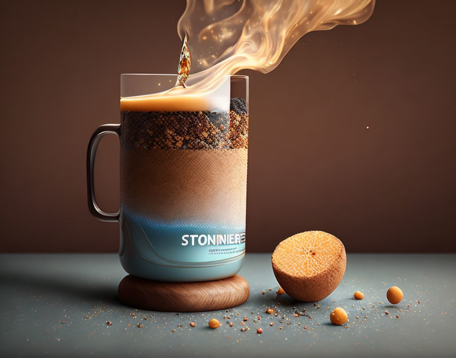 Layered coffee mug on wooden coaster with beans, milk, orange, and steam