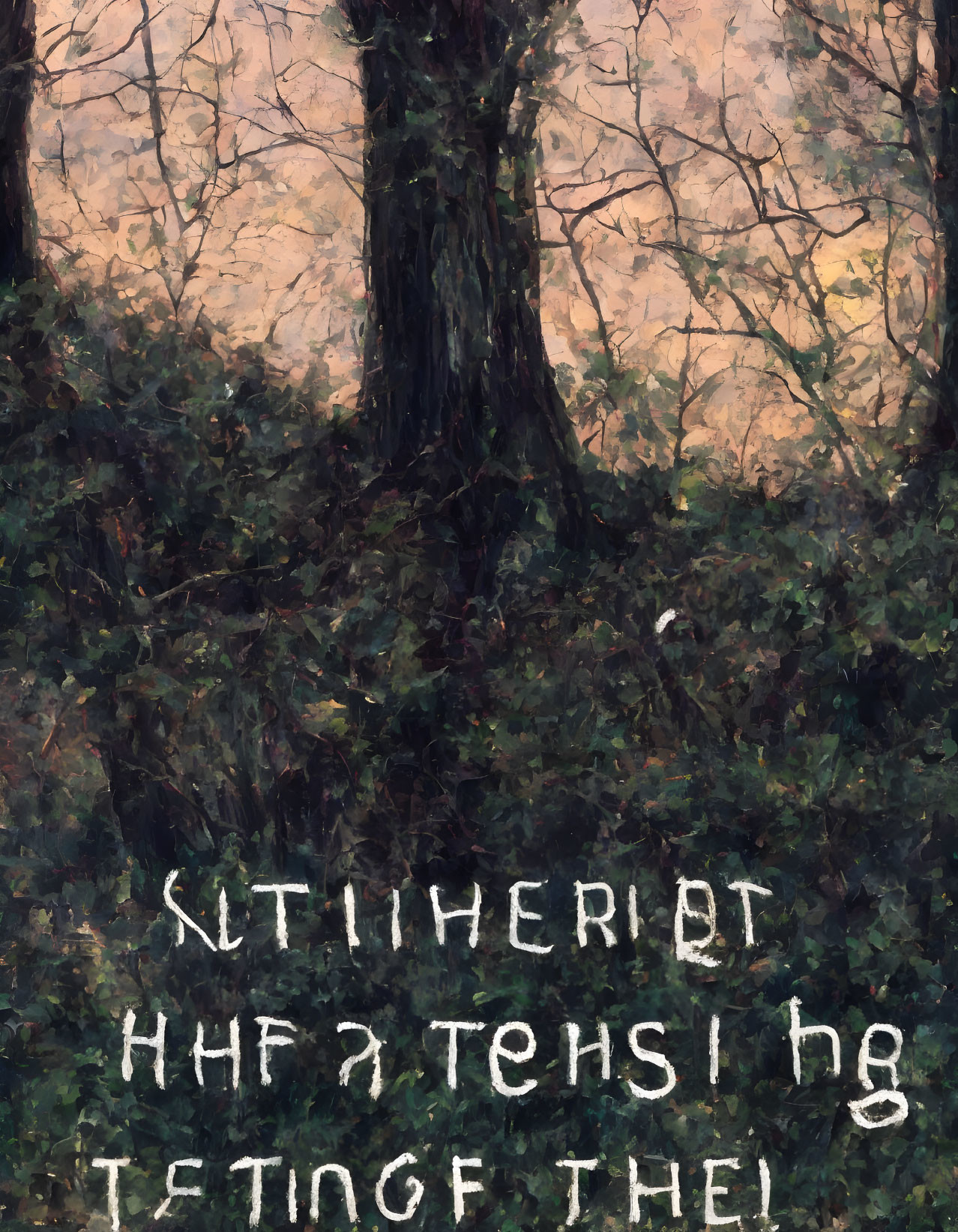 Dark tree with dense foliage and mysterious white text painting.