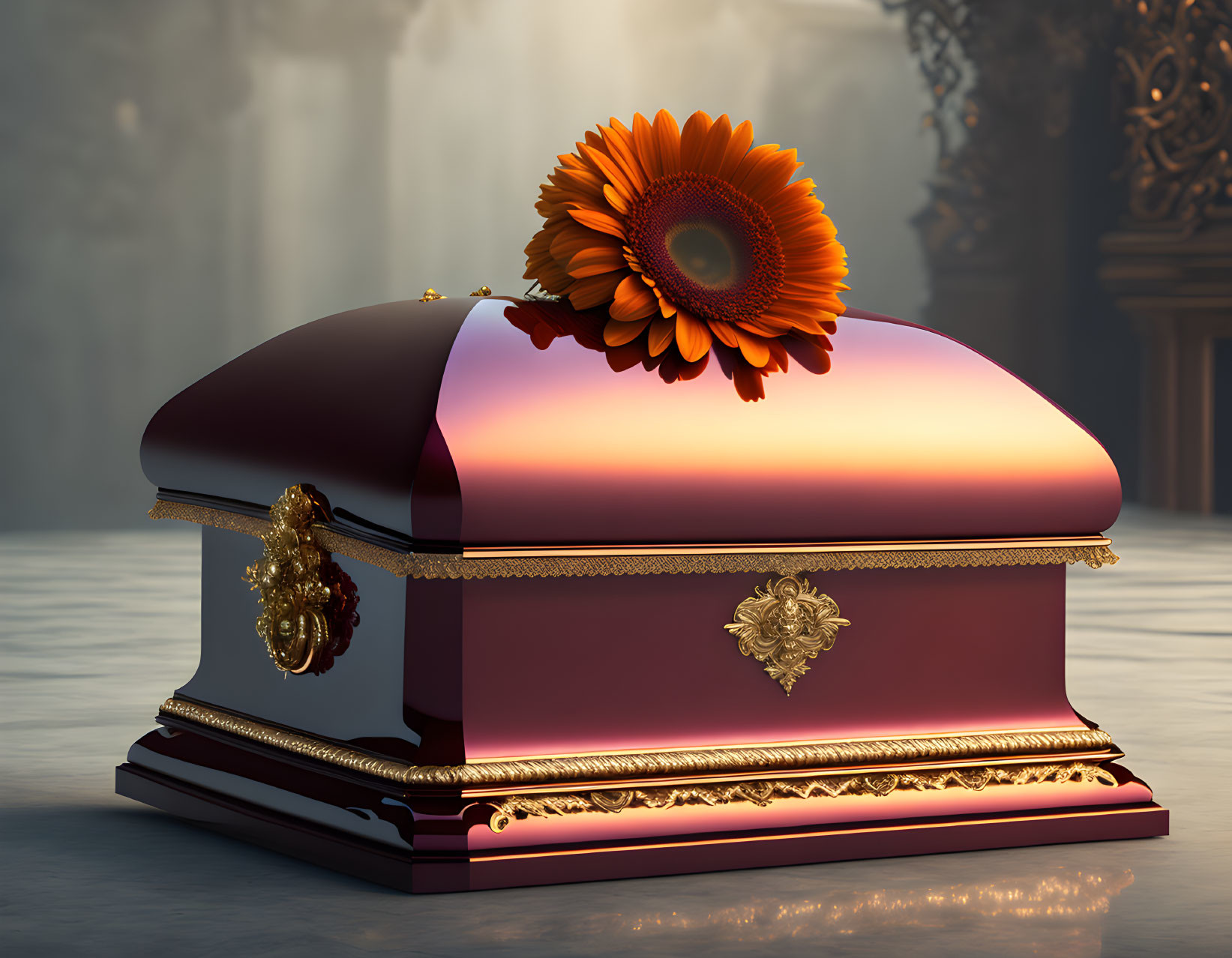 Glossy ornate casket with gold trimmings and orange flower in softly lit room