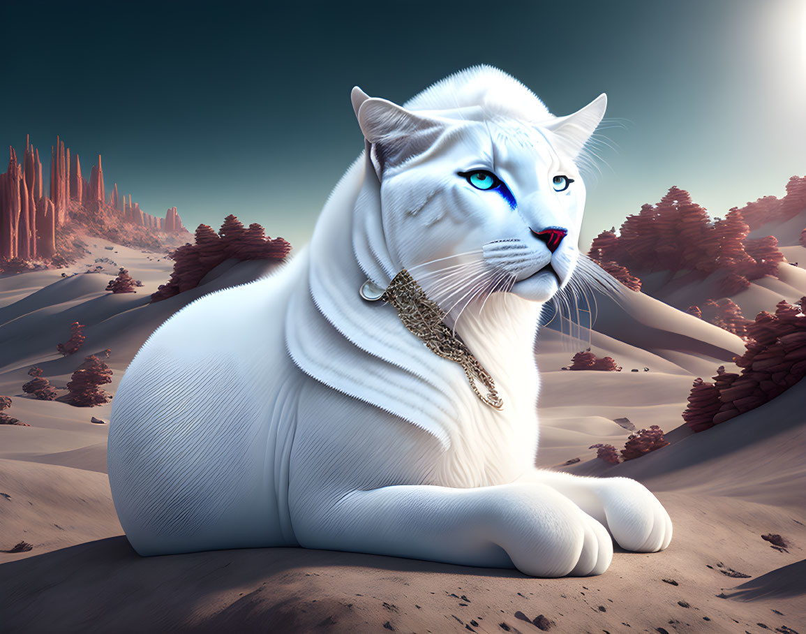 White Cat with Blue Eyes and Golden Necklace in Surreal Desert Landscape