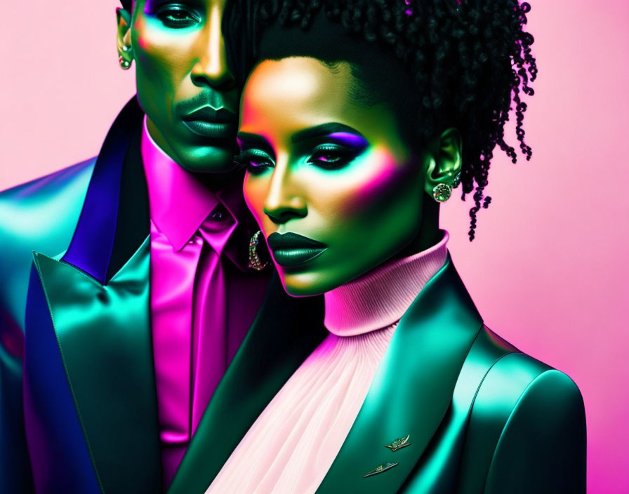 Vibrant makeup and colorful lighting on two people in bold, contrasting fashion