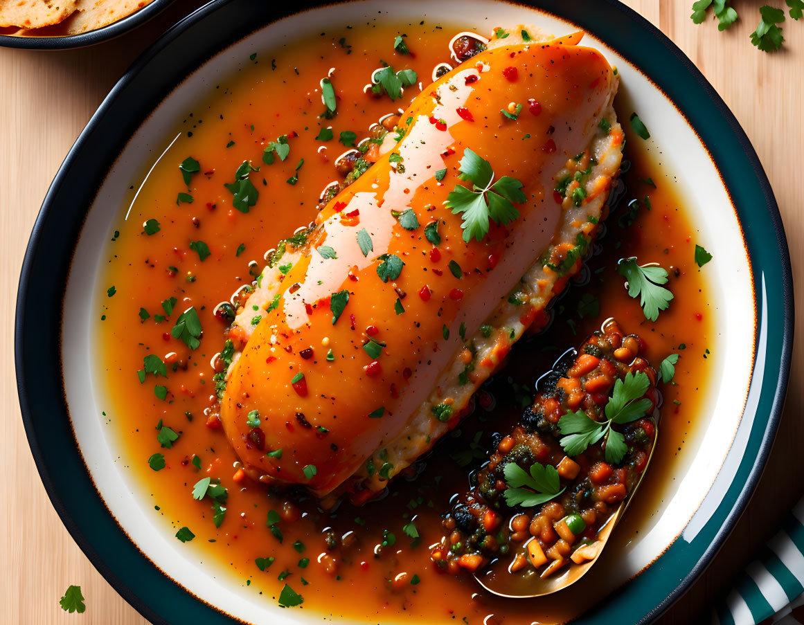 Savory-sweet glazed chicken breast with lentils and herbs