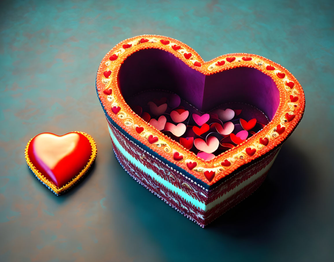Colorful Heart-Shaped Box with Patterns and Smaller Hearts on Textured Surface