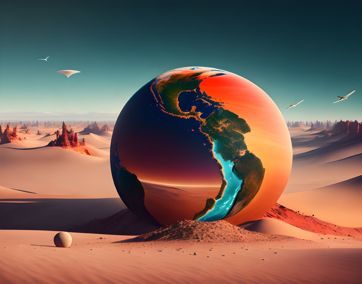 Surreal desert landscape with massive globe and flying birds