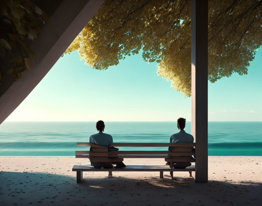 Peaceful scene of two people on bench by calm sea