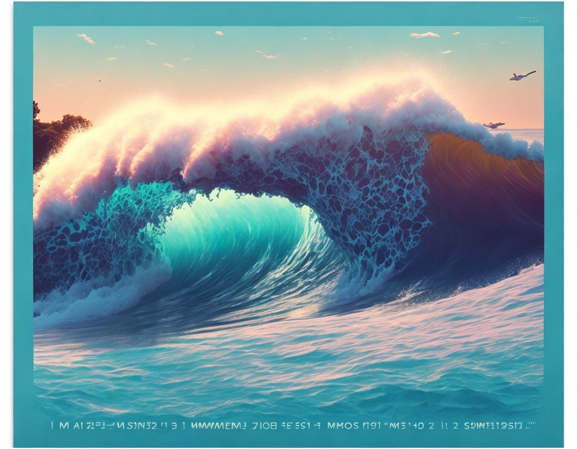 Vibrant ocean wave digital art under pastel sunset sky