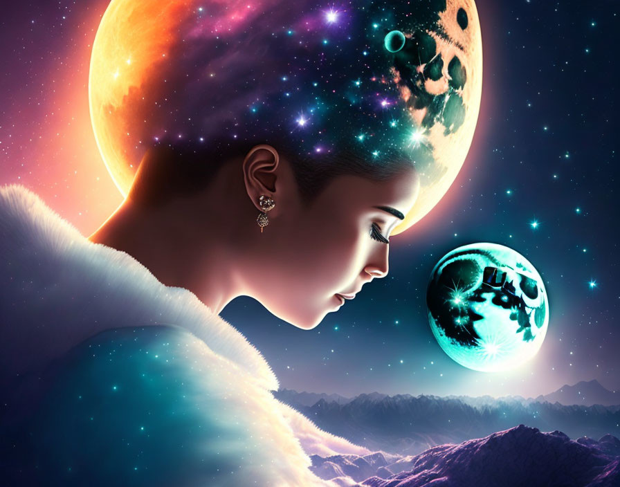 Woman's side profile against cosmic backdrop with planets and starry sky.