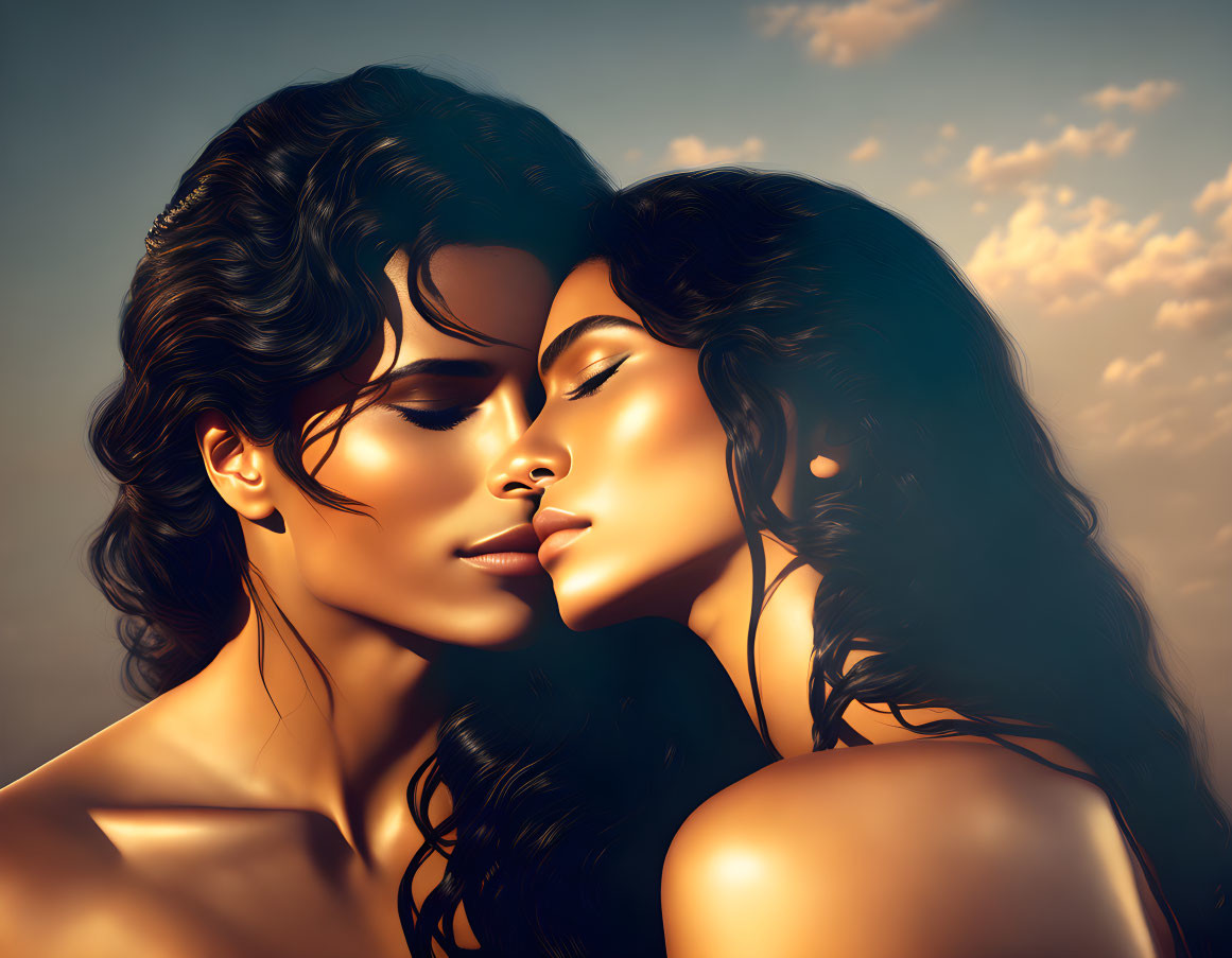 Intimate Couple Pressing Foreheads in Twilight Sky