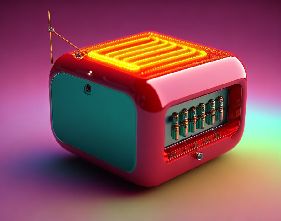 Vintage red radio with glowing orange speaker and vacuum tubes on purple background