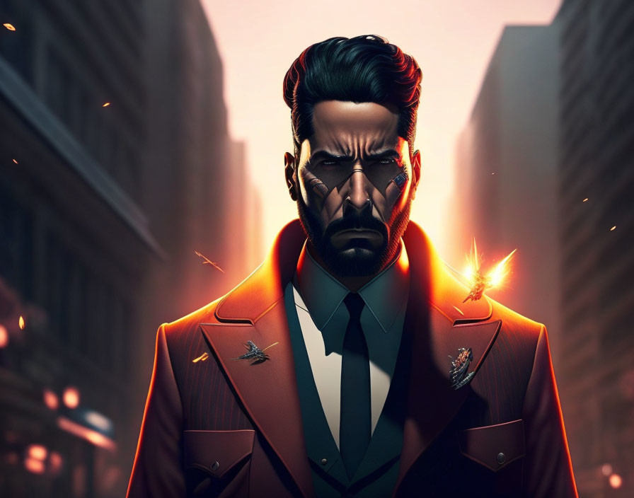 Illustration of a man with beard and slicked-back hair in suit with glowing butterfly in urban backdrop