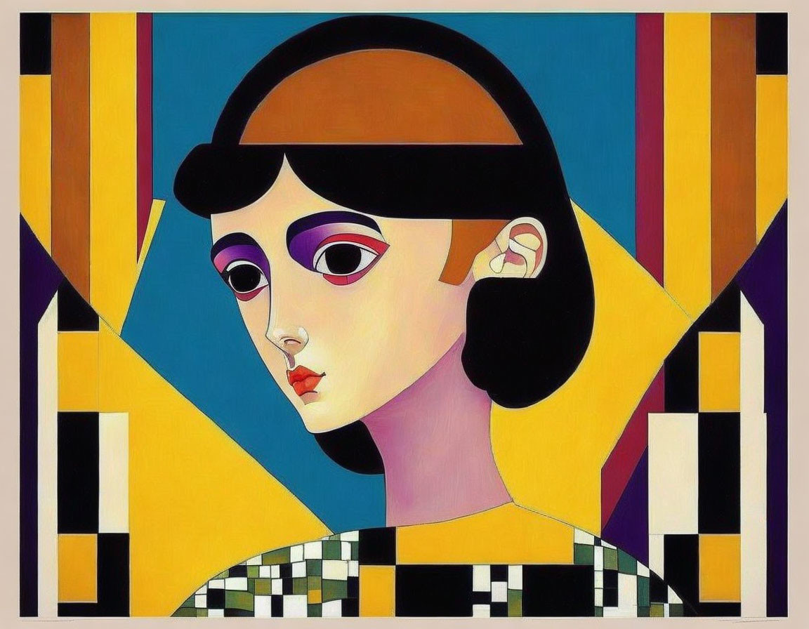 Vibrant abstract portrait of stylized woman with geometric shapes.