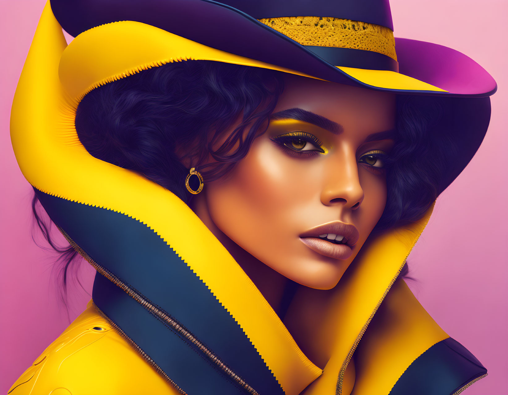 Digital illustration of woman with dramatic makeup and bold yellow and blue outfit & hat.