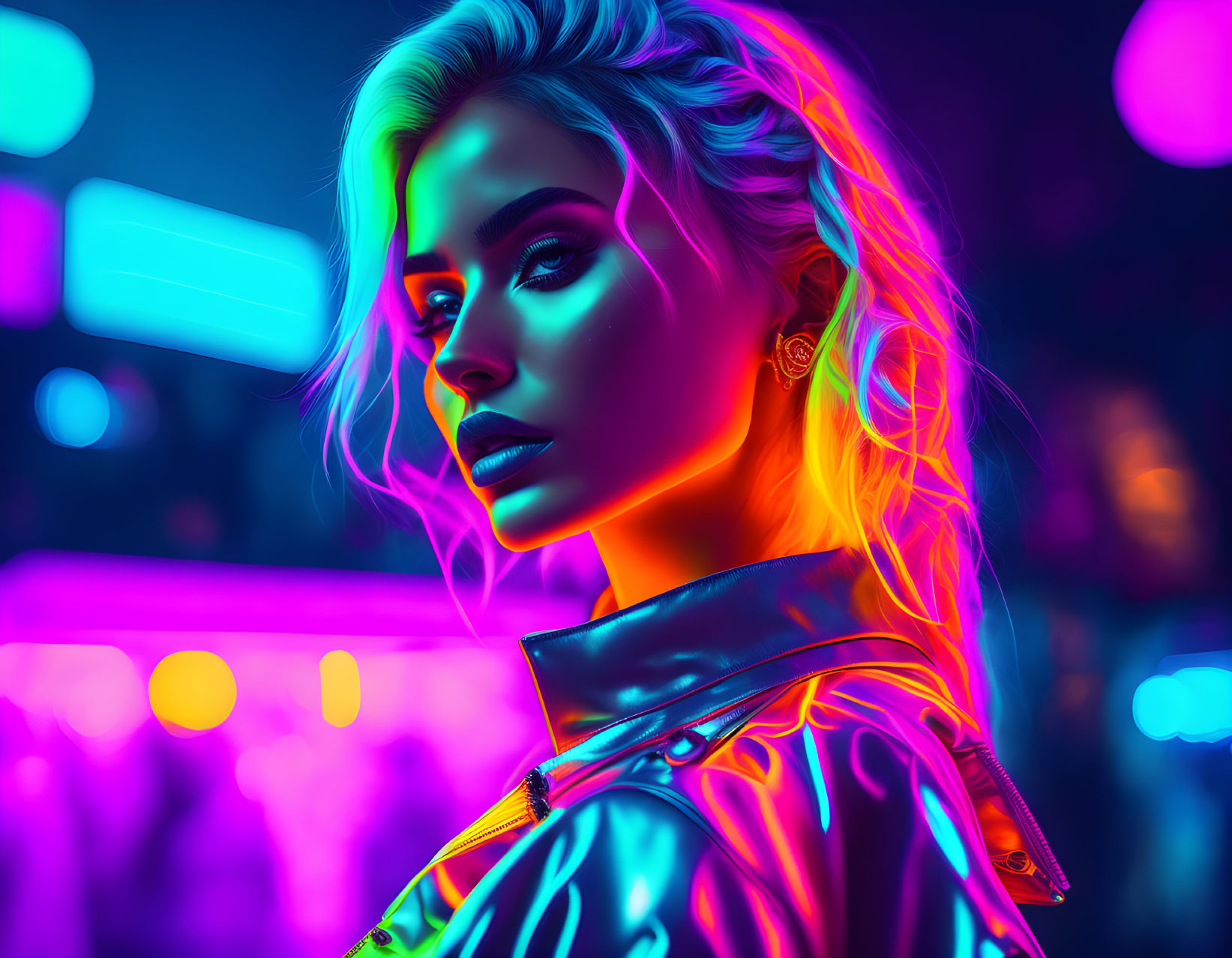 Woman with Neon Aesthetic in Night Setting: Blue and Pink Lights Reflecting on Blonde Hair