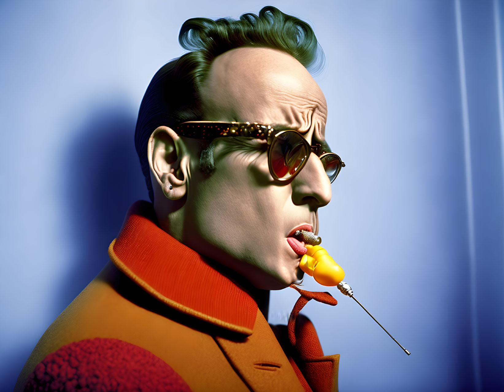 Man in Orange Jacket with Sunglasses and Smoking Pipe on Blue Background