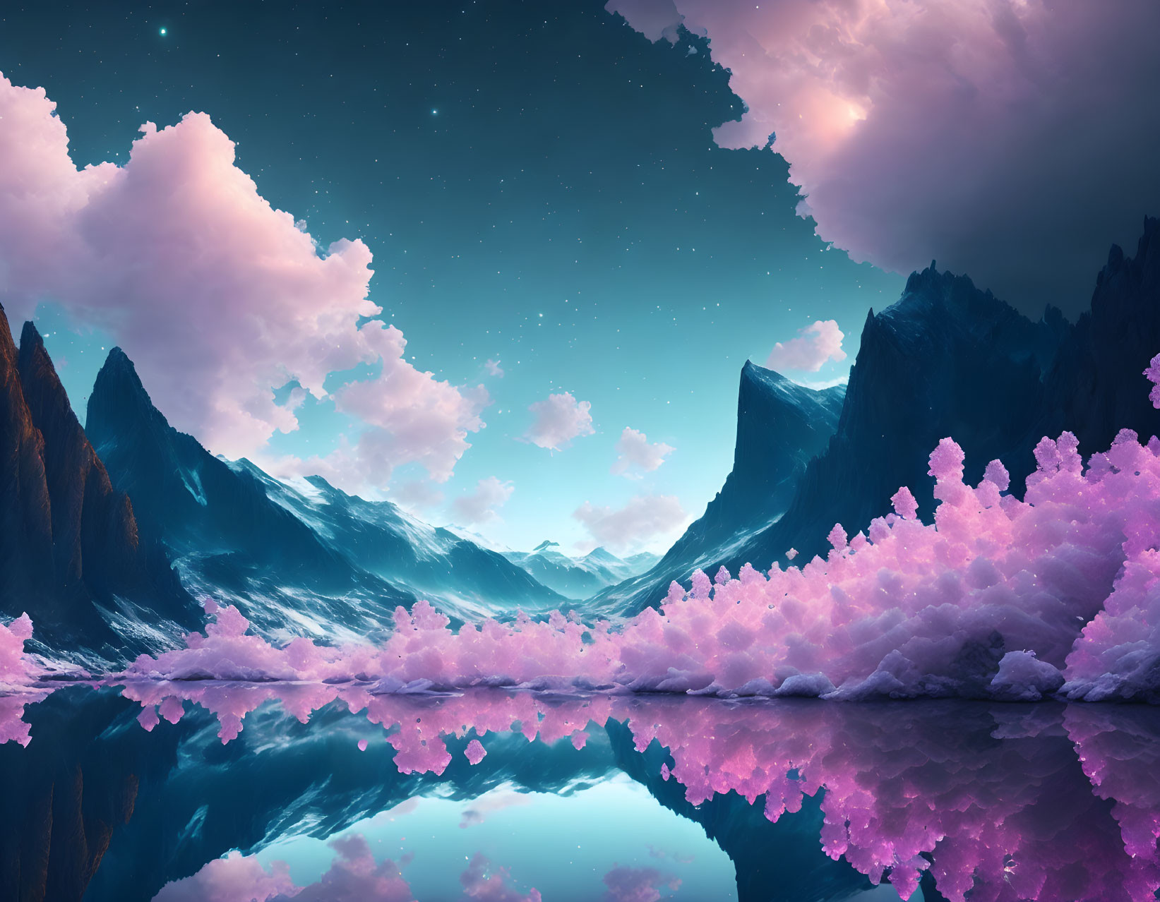 Fantasy landscape with pink cloud-like trees, mirrored lake, and twilight sky