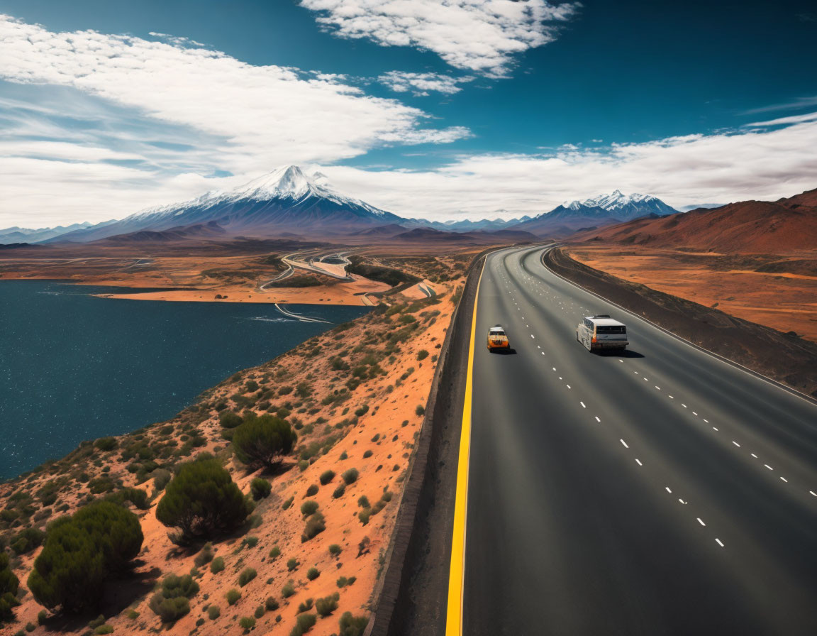 Scenic highway with vehicles by lake, snow-capped mountains, clear sky