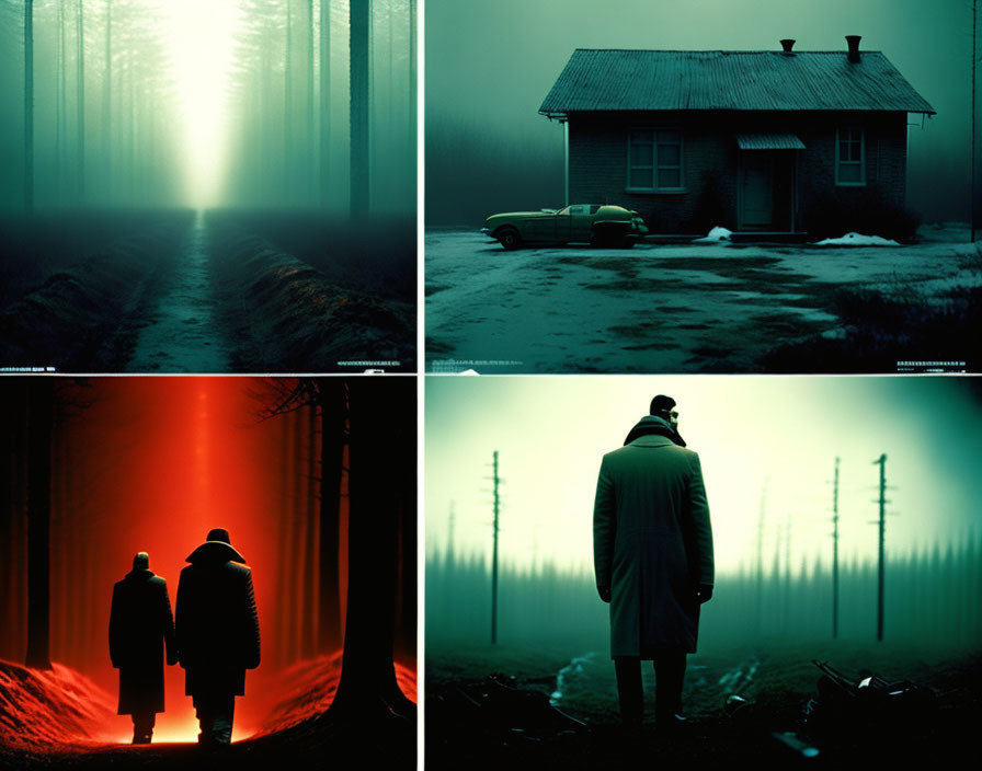 Moody scenes with atmospheric lighting: foggy forest, classic car house, red light figures, mist