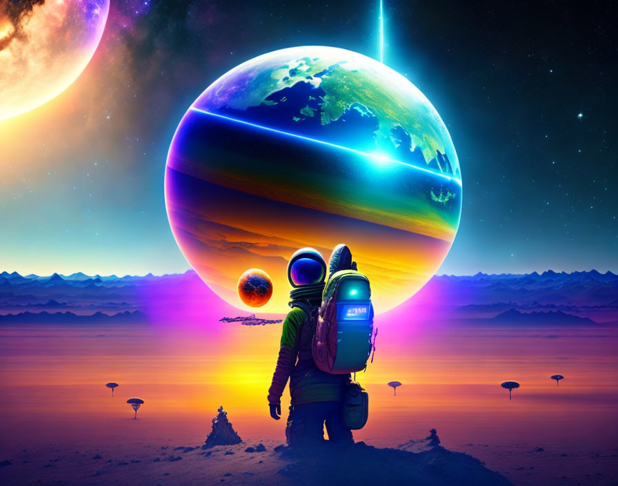 Astronaut on alien desert world with colorful planets in sky