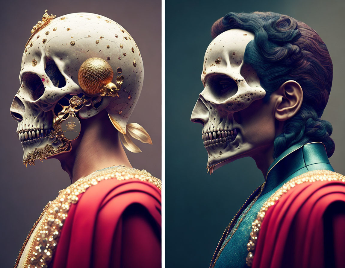 Skull and half-skull, half-woman art in vintage style
