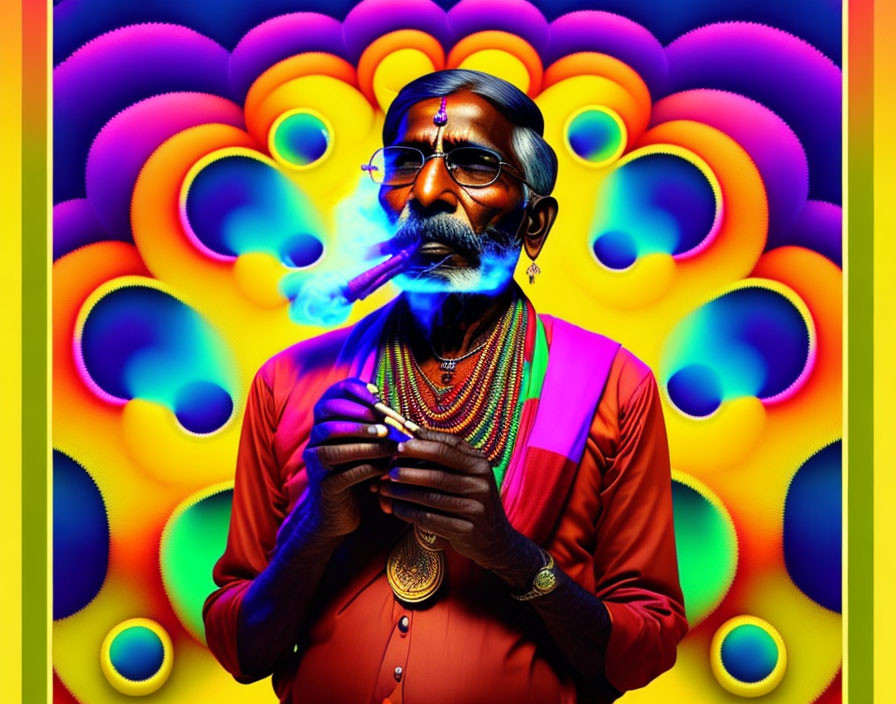 Elderly man in traditional Indian attire smoking chillum on vibrant background