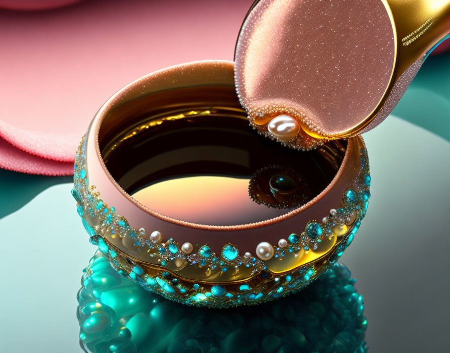 Ornate Cosmetic Compact with Mirror and Pearlescent Substance on Colorful Background