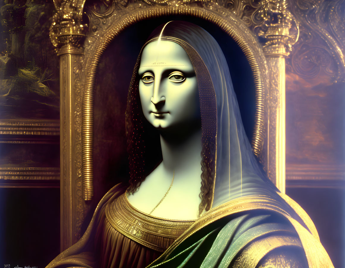 Metallic Mona Lisa Portrait in Golden Arch: Classic and Futuristic Blend