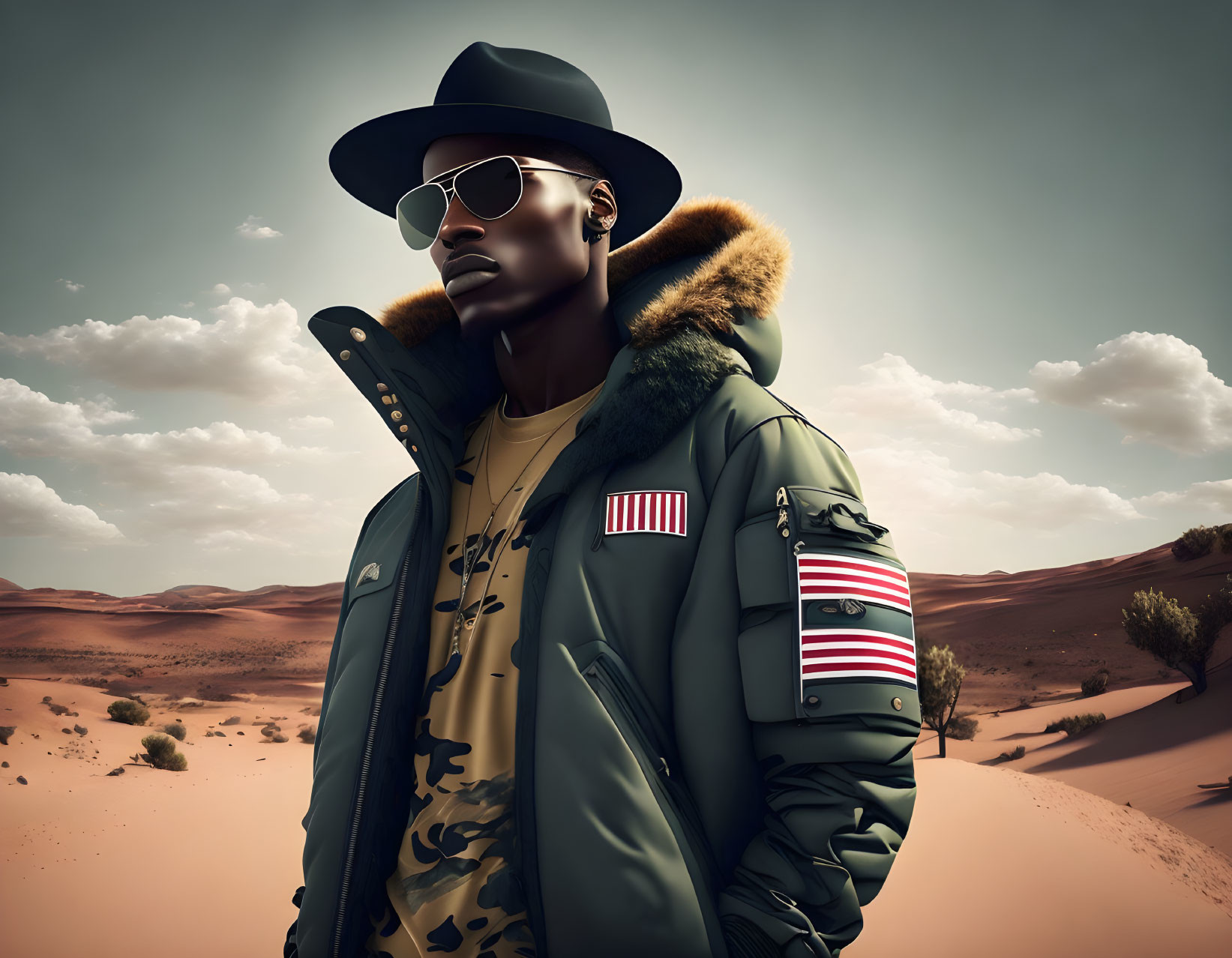 Stylized portrait of a man in bomber jacket with fur collar, hat, and sunglasses in desert