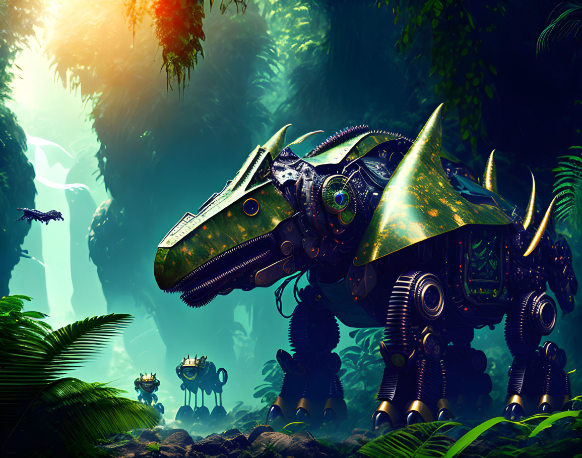 Robotic dinosaurs in misty jungle with flying robot