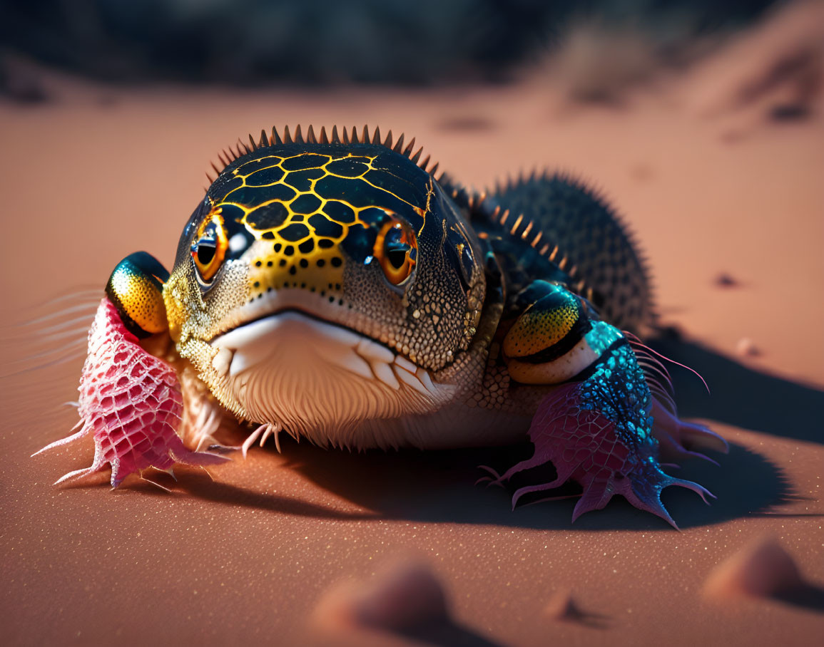 Vibrant digital artwork: lizard with intricate patterns, expressive eyes, and frilled textures in desert