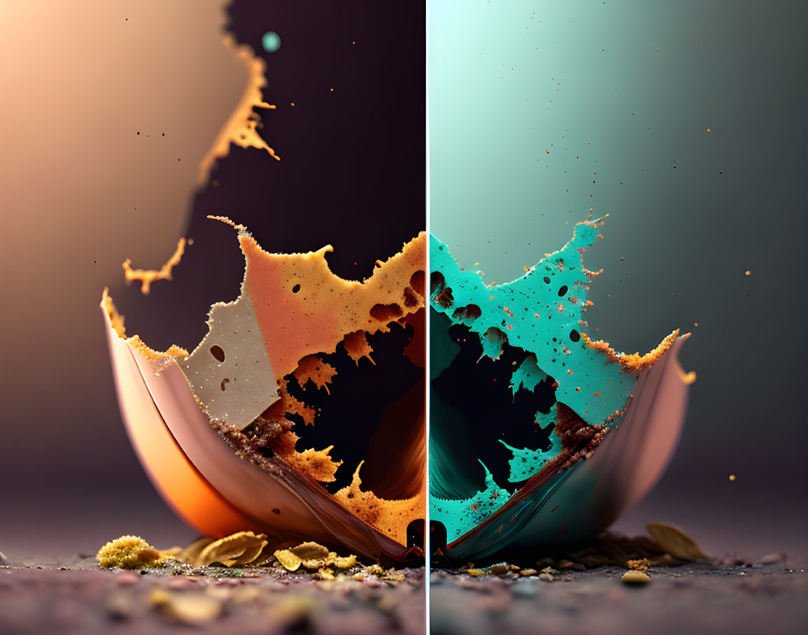 Broken Sphere with Orange and Turquoise Liquid Splash on Dual-tone Background