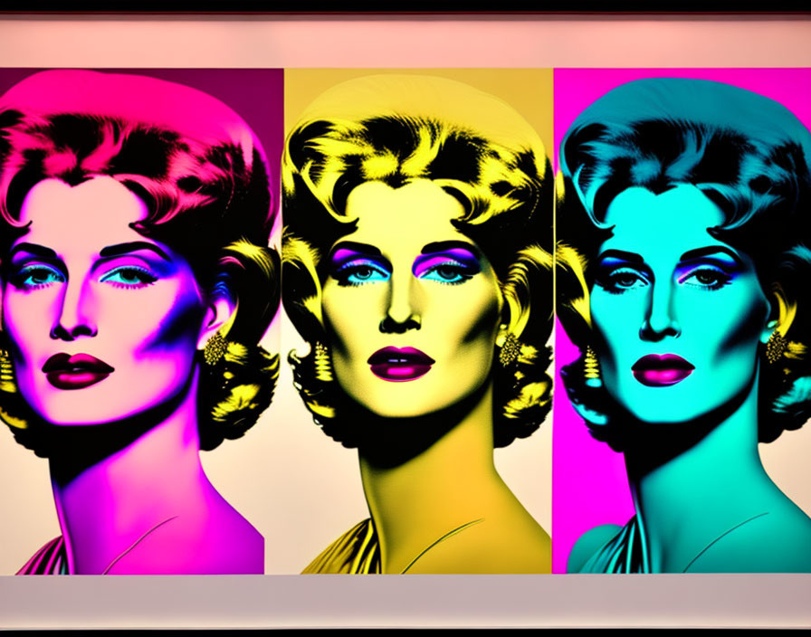 Three Colorful Pop Art Portraits of Woman with Neon Backgrounds