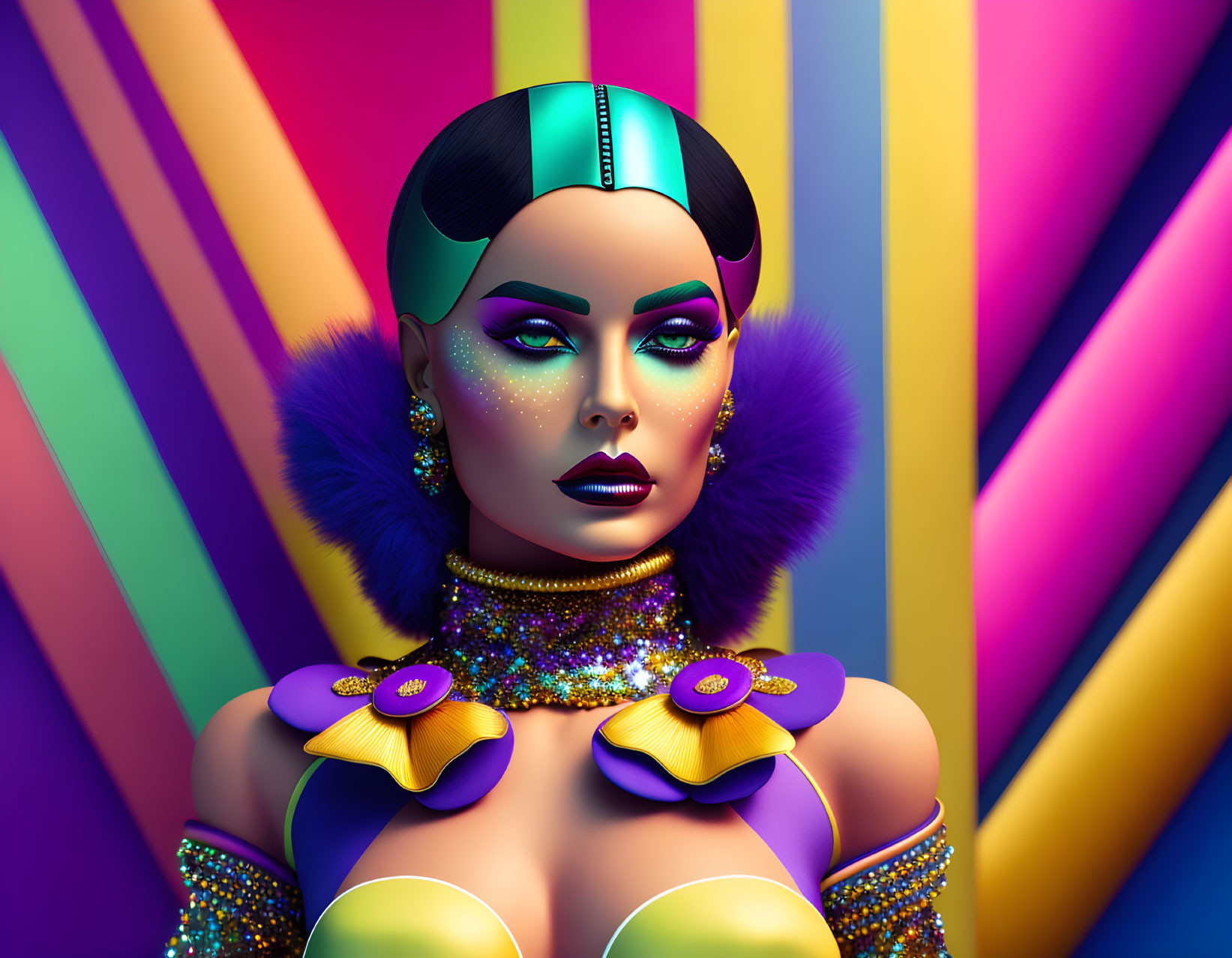 Vibrant digital artwork of woman with colorful makeup and abstract background