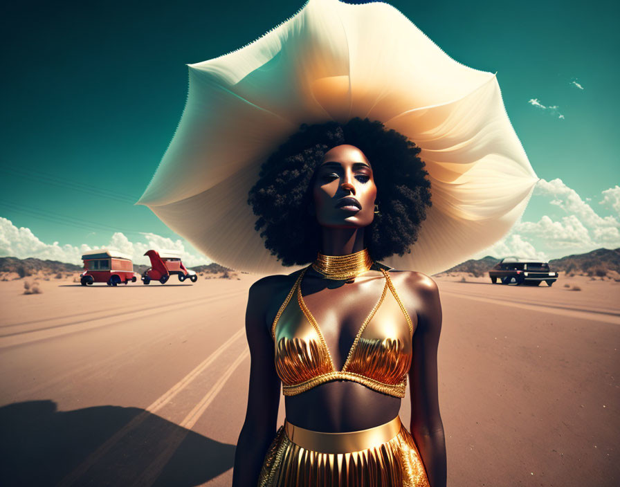 Woman with afro hair in golden outfit and sun hat in desert with vintage cars