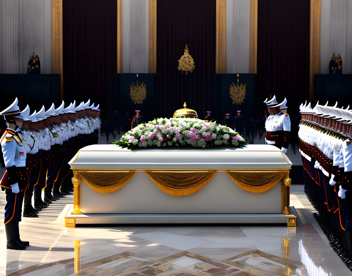 Uniformed Guards Stand Beside Draped Casket with Flowers