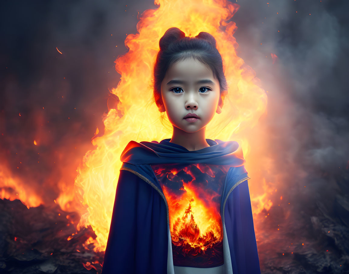 Serious young girl in cape with flames and smoky background