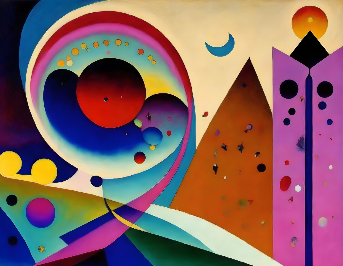 Vibrant abstract painting with swirling geometric shapes and celestial elements