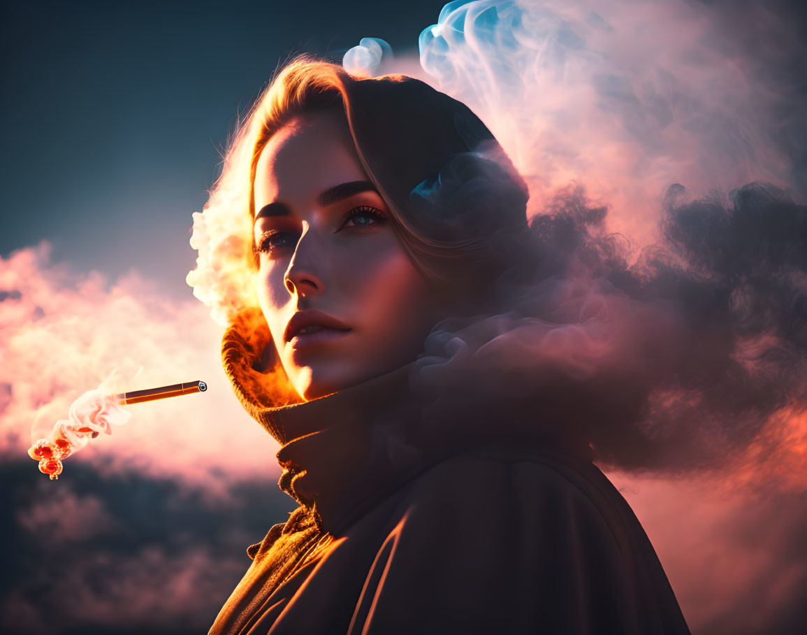 Woman with serene expression smoking cigarette against dramatic sky at dusk