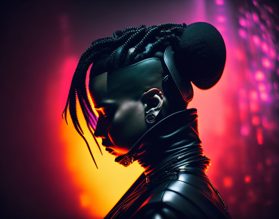 Side profile with intricate braids and headphones on vibrant red and purple backdrop