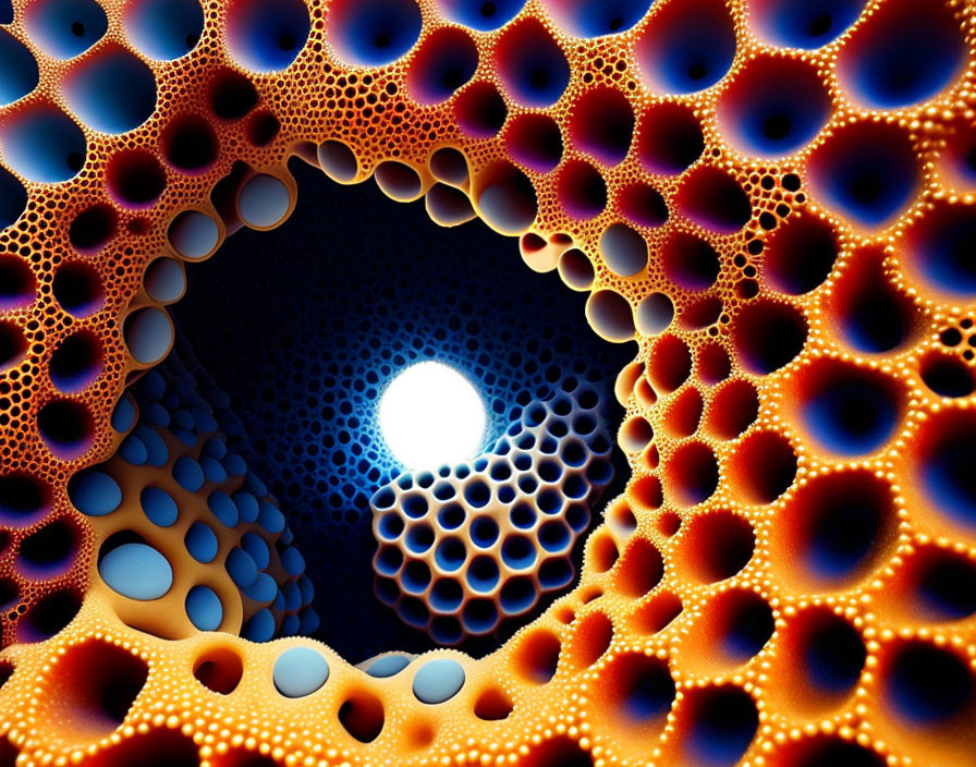 Blue and Orange Fractal Tunnel with Circular Patterns and White Light