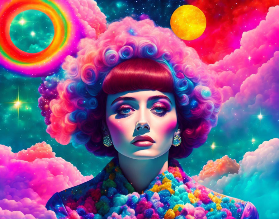 Vibrant cosmic-themed portrait of a woman with cloud-like hairstyle on surreal space backdrop