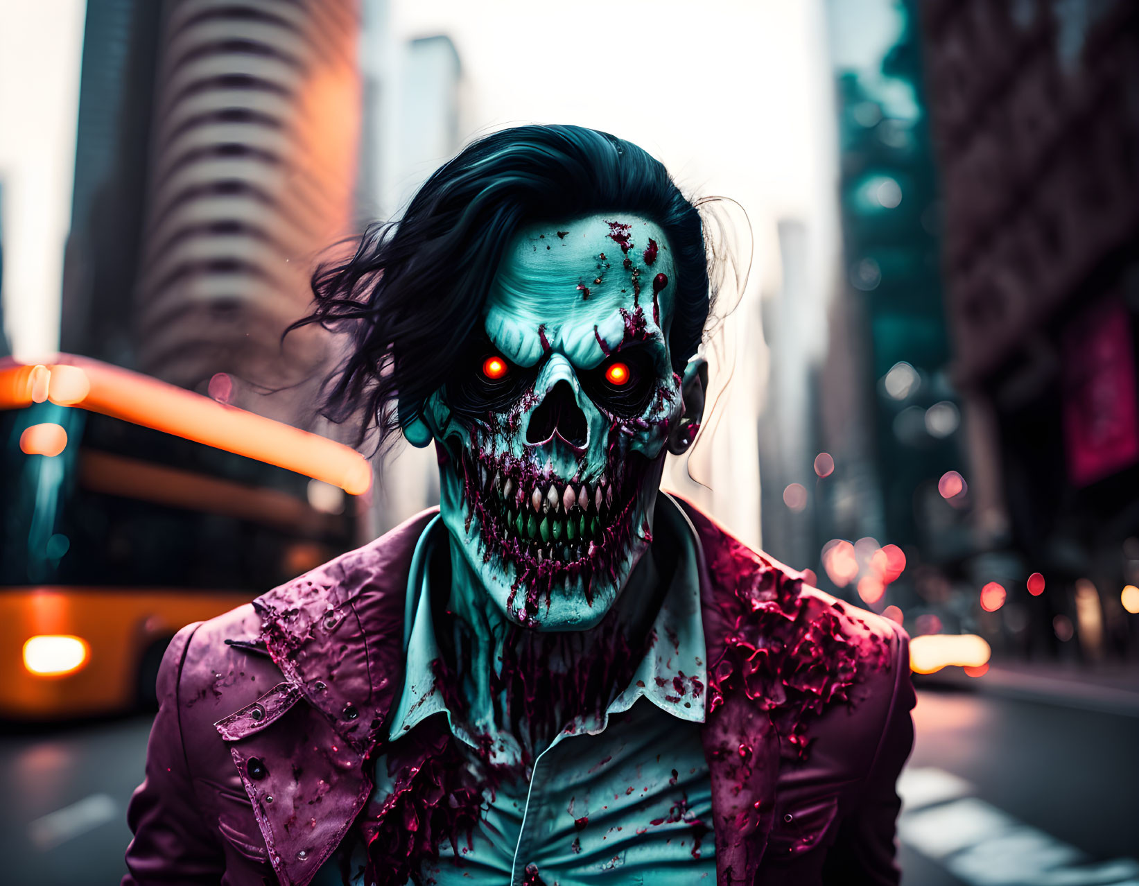 Person in Skull Mask with Glowing Red Eyes on City Street Background
