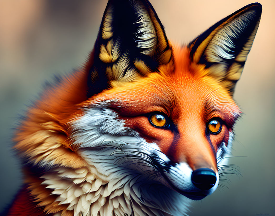 Detailed vivid fox illustration with striking orange fur and golden eyes